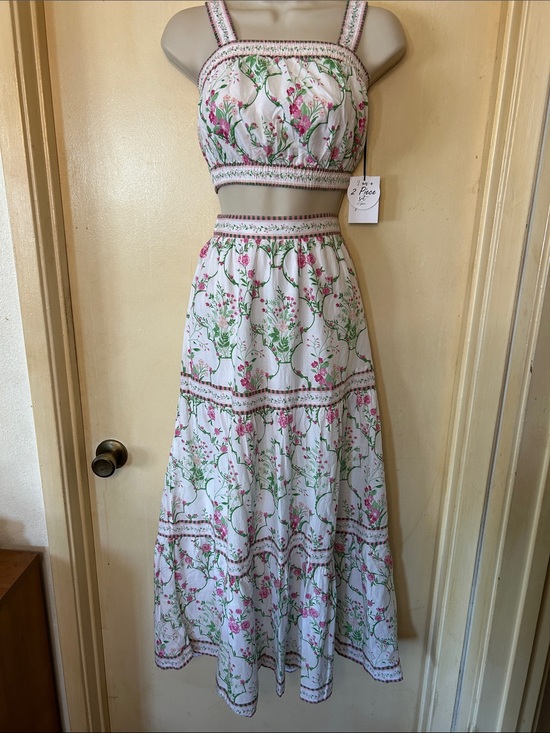Japna Dresses & Skirts - Japna White Floral Crop Top and Maxi Skirt Set with Pink and Green Print